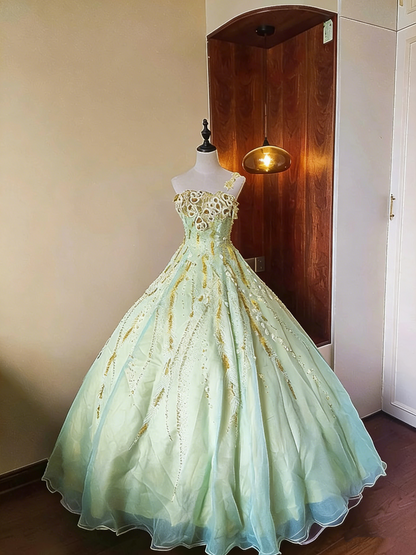 Charming Prom Dress One Shoulder Pleated Tulle Ball Gown Evening Dress Quinceanera Dress Birthday Party Outfits   D4087