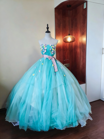 Beauty Prom Dress Strapless Flower Pleated Tulle Ball Gown Birthday Party Outfits Evening Dress Sweet 16 Dress      D4092