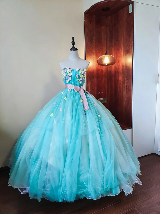 Beauty Prom Dress Strapless Flower Pleated Tulle Ball Gown Birthday Party Outfits Evening Dress Sweet 16 Dress      D4092