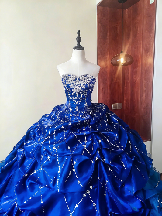 Gorgeous Prom Dress Blue Sweetheart Pleated Ball Gown Birthday Party Outfits Evening Dress Sweet 16 Dress      D4095
