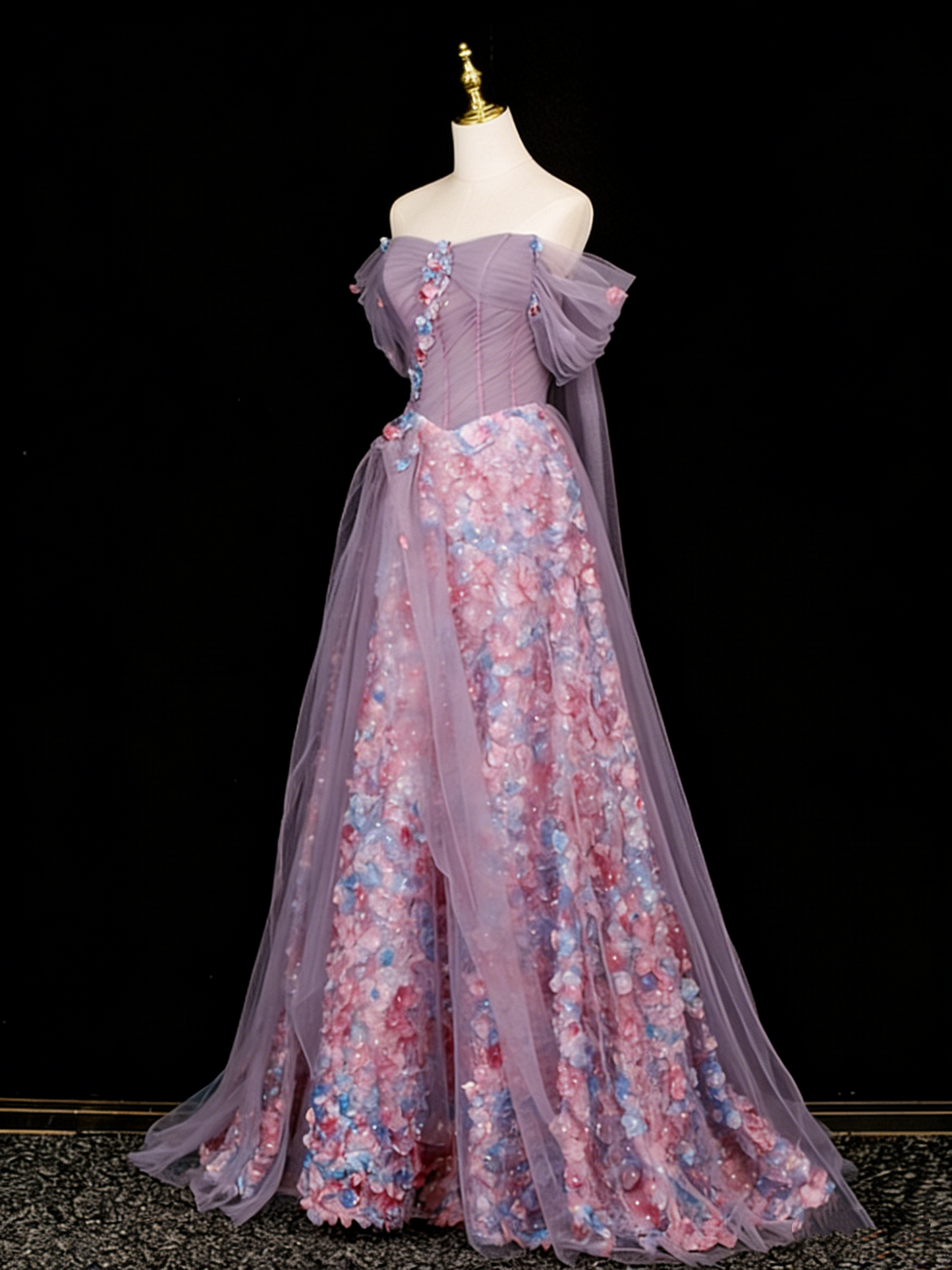 Stunning Prom Dress Off Shoulder Pleated Tulle Floral Gala Dress Evening Dress   D4108