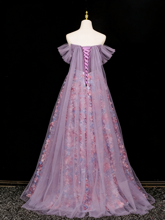 Stunning Prom Dress Off Shoulder Pleated Tulle Floral Gala Dress Evening Dress   D4108