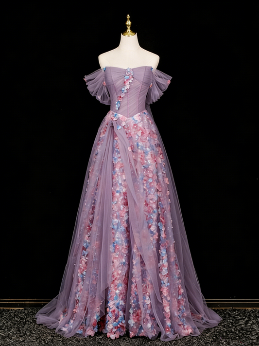 Stunning Prom Dress Off Shoulder Pleated Tulle Floral Gala Dress Evening Dress   D4108