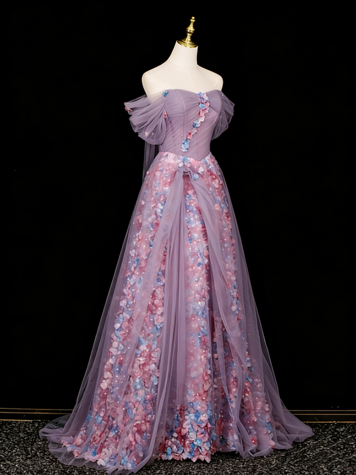 Stunning Prom Dress Off Shoulder Pleated Tulle Floral Gala Dress Evening Dress   D4108