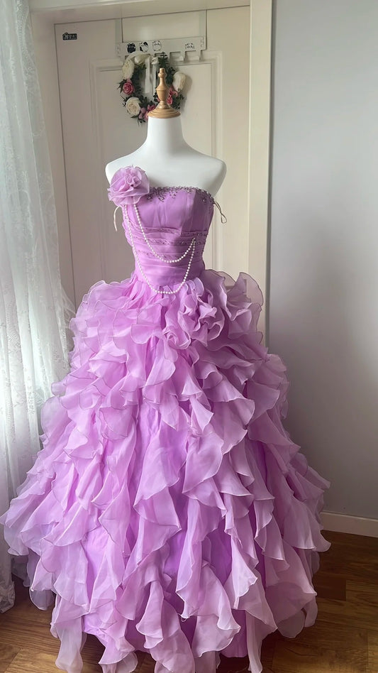 Beauty Prom Dress Light Purple Strapless Ruffle Pleated Ball Gown Evening Dress Sweet 16 Dress     D4112