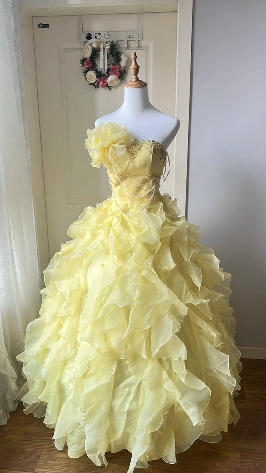 Sweet Prom Dress Light Yellow Strapless Ruffle Ball Gown Evening Dress Quinceanera Dress     D4113