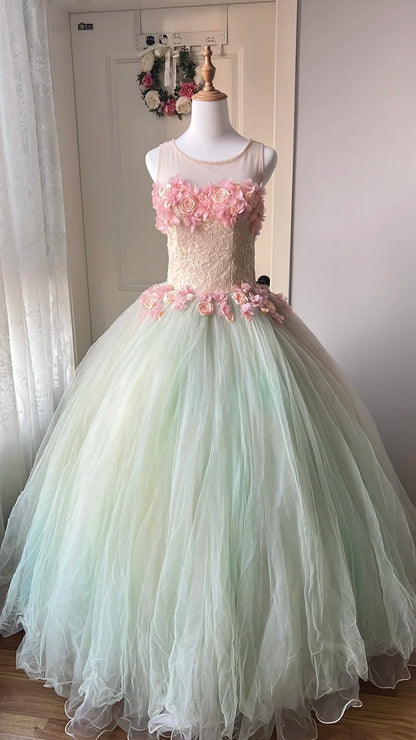 New Design Prom Dress Crew Neck Pleated Tulle Flower Ball Gown Evening Dress Quinceanera Dress     D4114