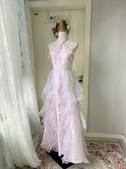 Beauty Prom Dress Halter Beading Ruffle Evening Dress Gala Dress Birthday Party Outfits    D4117