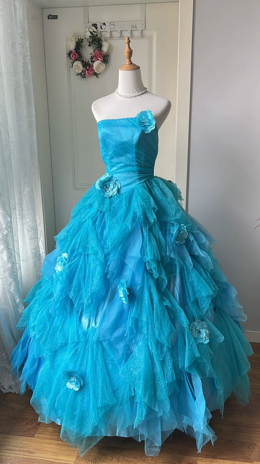 Charming Prom Dress Strapless Pleated Tulle Ball Gown Evening Dress Quinceanera Dress       D4134