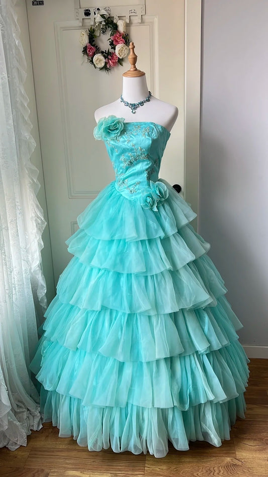 Pretty Prom Dress Strapless Pleated Tiered Ball Gown Evening Dress Sweet 16 Dress       D4135
