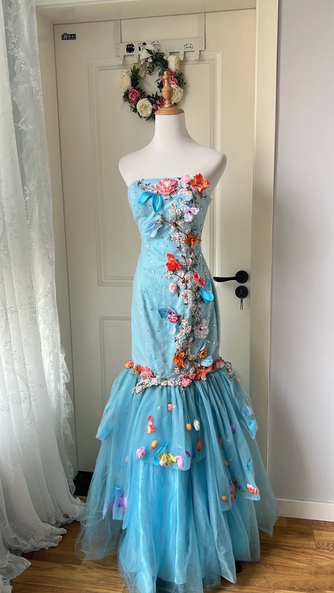 Stunning Prom Dress Strapless Pleated Floral Mermaid Gala Gown Evening Dress Birthday Party Dress   D4137