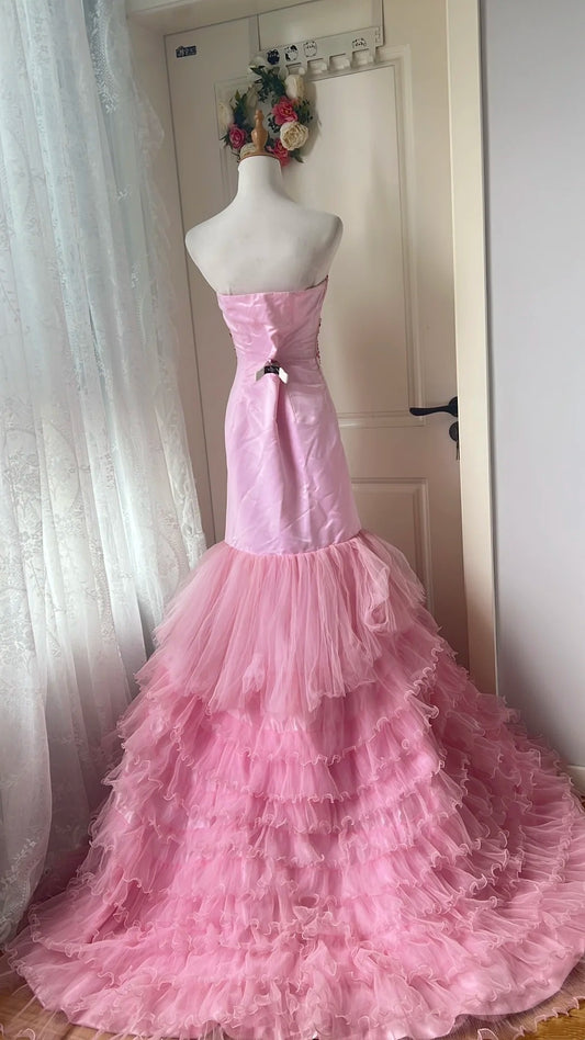New Design Prom Dress Strapless Pleated Tulle Mermaid Formal Gala Dress Evening Dress   D4139