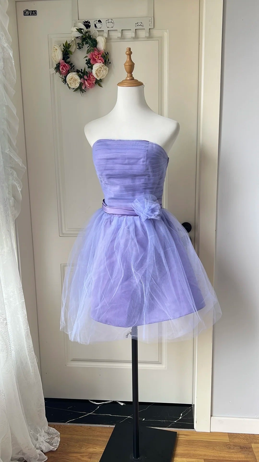 Minimalist Homecoming Dress A Line Strapless Pleated Tulle Short Prom Dress Birthday Party Dress     D4140
