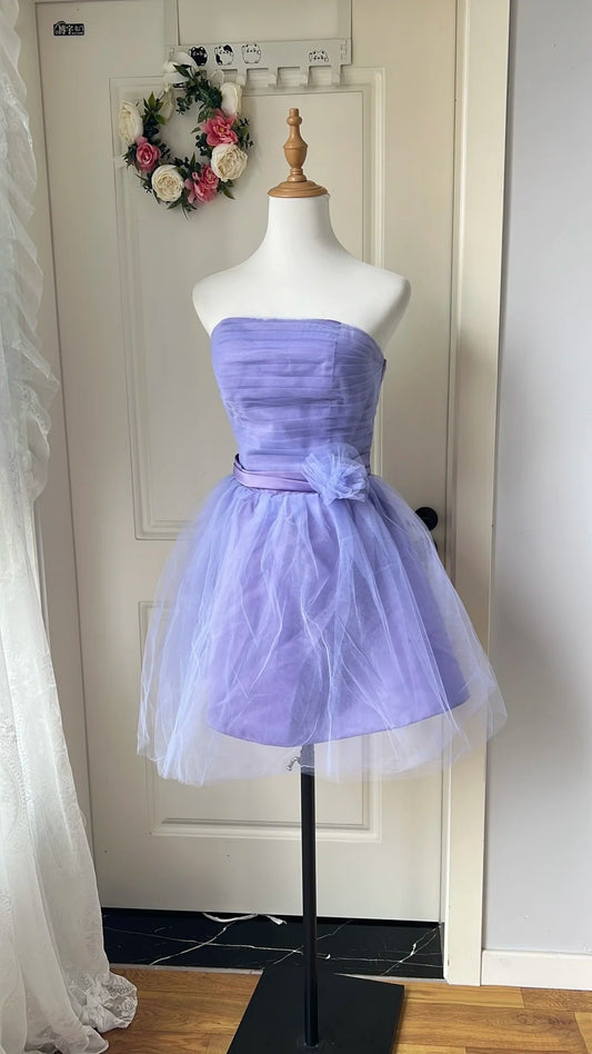 Minimalist Homecoming Dress A Line Strapless Pleated Tulle Short Prom Dress Birthday Party Dress     D4140