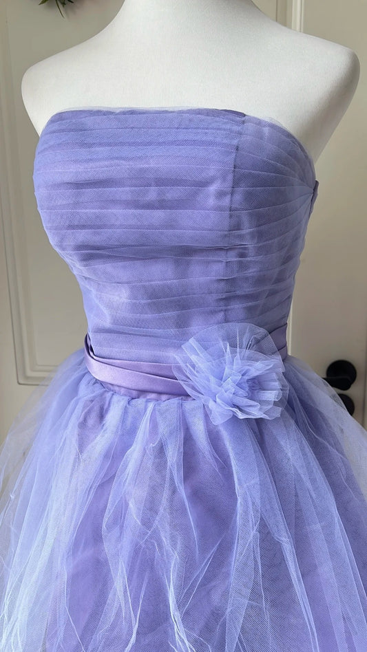 Minimalist Homecoming Dress A Line Strapless Pleated Tulle Short Prom Dress Birthday Party Dress     D4140