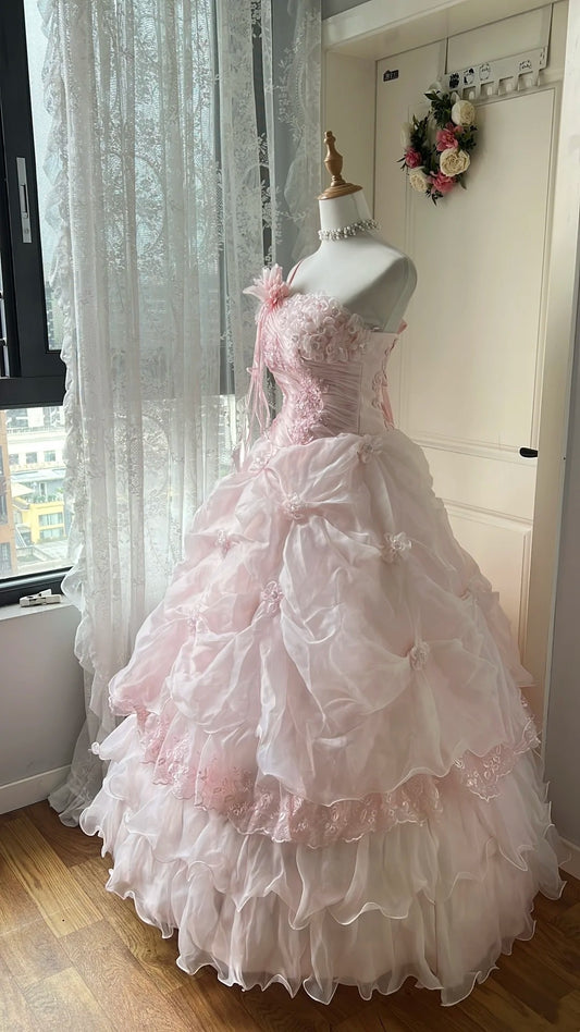 Pretty Prom Dress Strapless Pleated Flower Ball Gown Birthday Party Dress Evening Dress       D4136