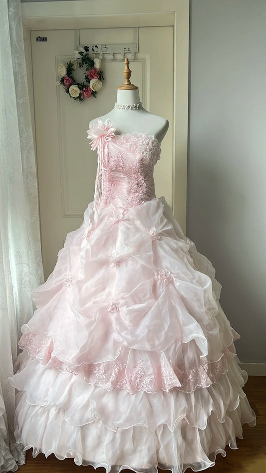 Pretty Prom Dress Strapless Pleated Flower Ball Gown Birthday Party Dress Evening Dress       D4136