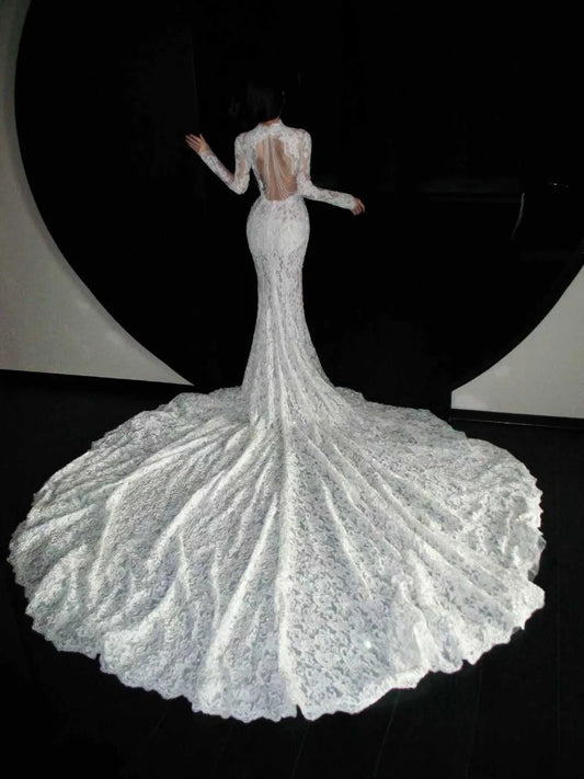 Elegant Wedding Dress Crew Neck Backless Long Sleeves Mermaid Wedding Dress  D4142