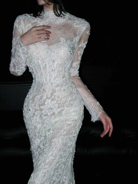 Elegant Wedding Dress Crew Neck Backless Long Sleeves Mermaid Wedding Dress  D4142