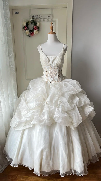 Retro Wedding Dress Spaghetti Straps Pleated  Wedding Dress  D4146