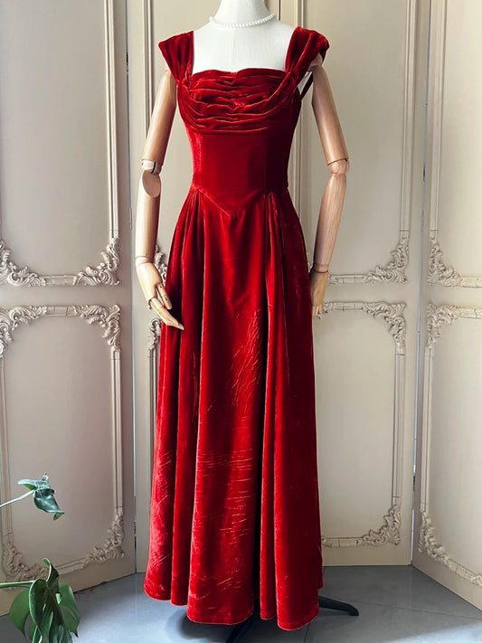 Elegant Prom Dress Velvet Square Neck Pleated Gala Gown Formal Dress Evening Dress D4169