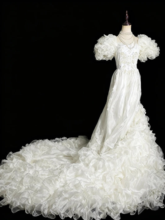 Vintage Wedding Dress Asymmetrical Neck Pleated Ruffle Wedding Dress  D4200