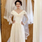 Retro Wedding Dress V-neck Lace Long Sleeves Pleated Wedding Dress   D4217