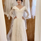 Retro Wedding Dress V-neck Lace Long Sleeves Pleated Wedding Dress   D4217