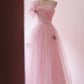 Hot Sale Prom Dress Light Pink Asymmetrical Neck Tulle Evening Dress Gala Dress Party Dress  D4247