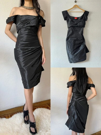 Minimalist Short Prom Dress Satin Black Off Shoulder Pleated Formal Dress Evening Dress Gala Dress  D4285