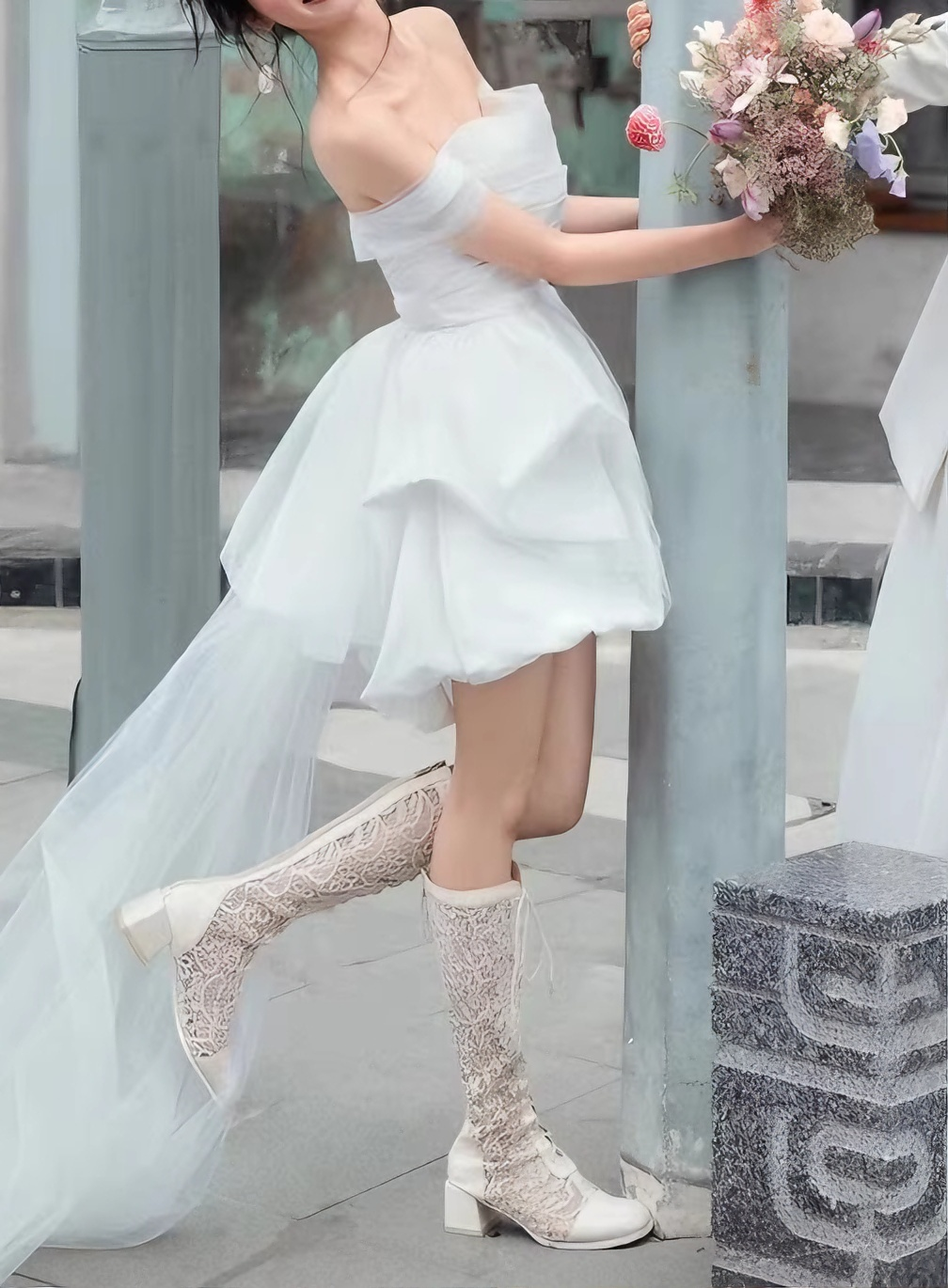 Minimalist Wedding Dress Off Shoulder Pleated Hi-Lo Short Wedding Dress Prom Dress    D4312