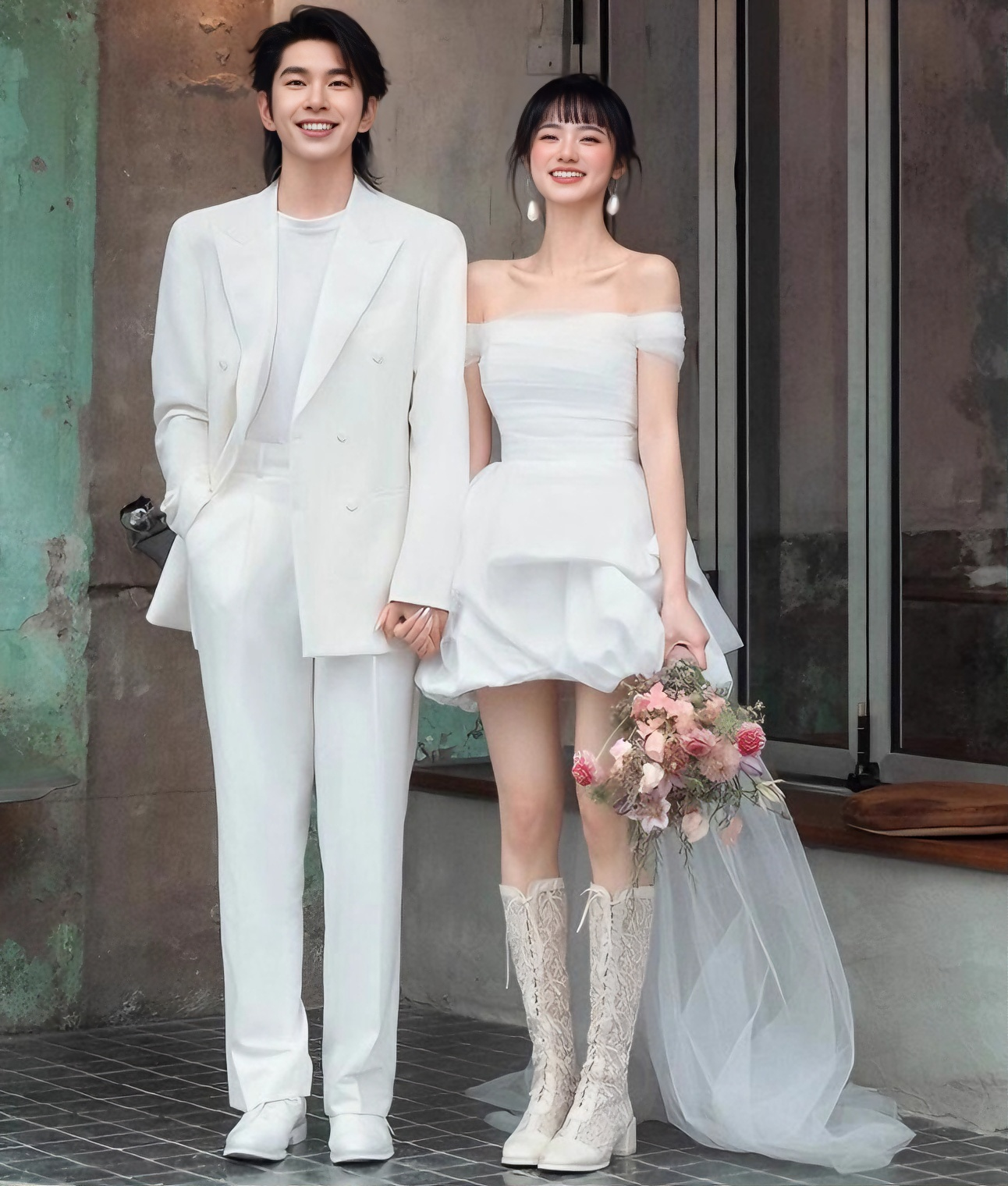 Minimalist Wedding Dress Off Shoulder Pleated Hi-Lo Short Wedding Dress Prom Dress    D4312