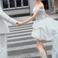 Minimalist Wedding Dress Off Shoulder Pleated Hi-Lo Short Wedding Dress Prom Dress    D4312
