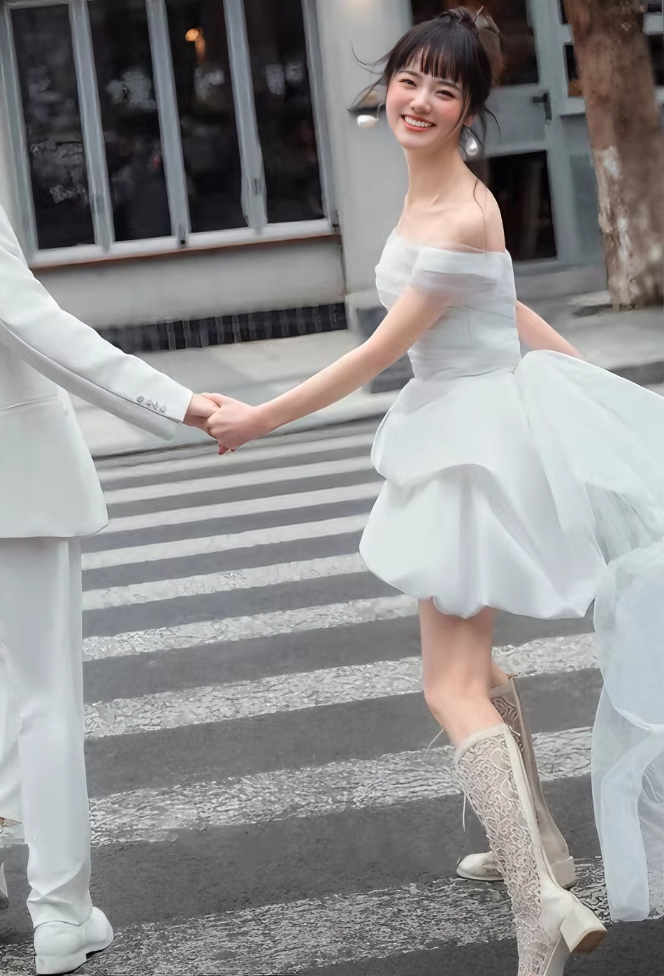 Minimalist Wedding Dress Off Shoulder Pleated Hi-Lo Short Wedding Dress Prom Dress    D4312