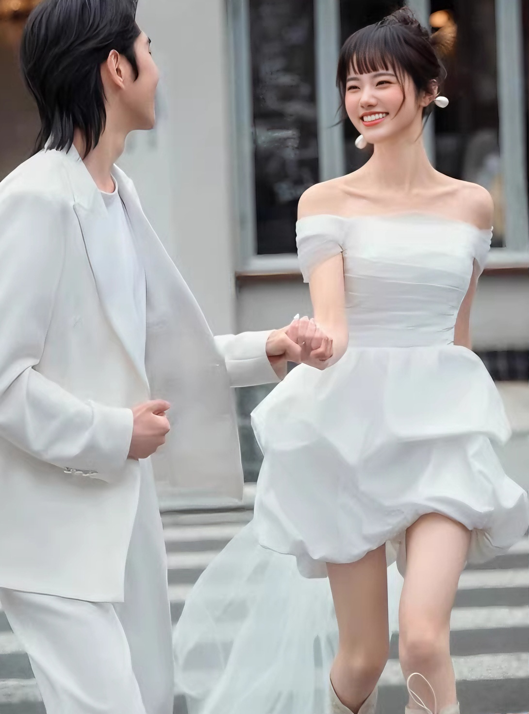 Minimalist Wedding Dress Off Shoulder Pleated Hi-Lo Short Wedding Dress Prom Dress    D4312