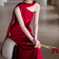 Minimalist Prom Dress Wine Red Asymmetrical Neck Pleated Gala Dress Evening Dress Formal Dress   D4314