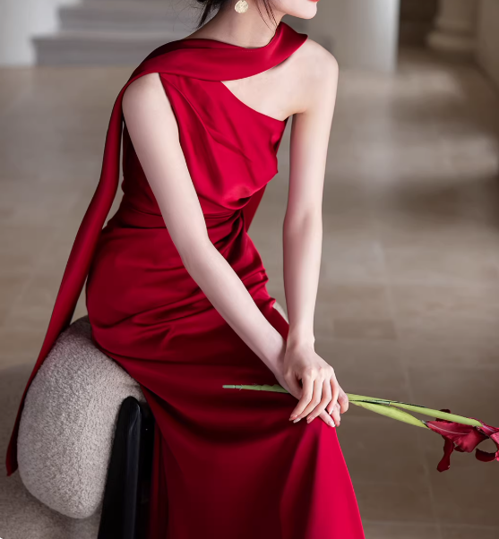Minimalist Prom Dress Wine Red Asymmetrical Neck Pleated Gala Dress Evening Dress Formal Dress   D4314