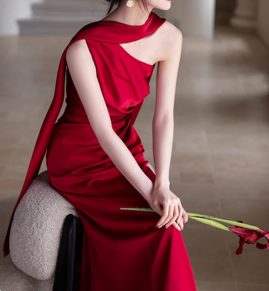 Minimalist Prom Dress Wine Red Asymmetrical Neck Pleated Gala Dress Evening Dress Formal Dress   D4314