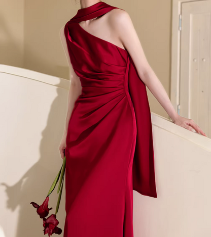 Minimalist Prom Dress Wine Red Asymmetrical Neck Pleated Gala Dress Evening Dress Formal Dress   D4314