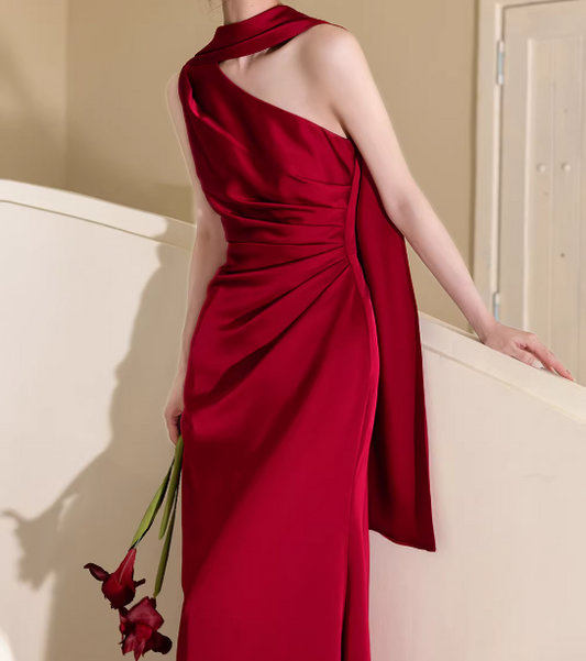 Minimalist Prom Dress Wine Red Asymmetrical Neck Pleated Gala Dress Evening Dress Formal Dress   D4314