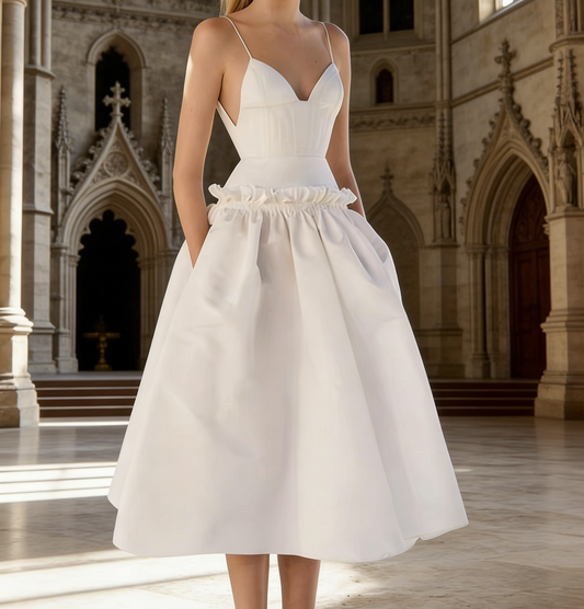 Minimalist Prom Dress White Spaghetti Straps Pleated Gala Dress Evening Dress Formal Dress   D4315