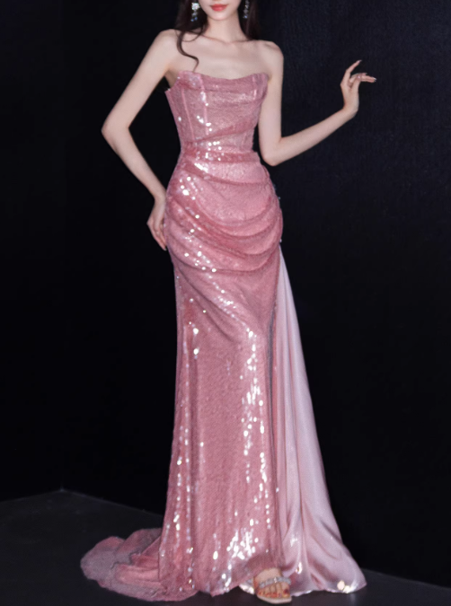 Shiny Prom Dress Strapless Pleated Gala Dress Evening Dress Formal Dress   D4316