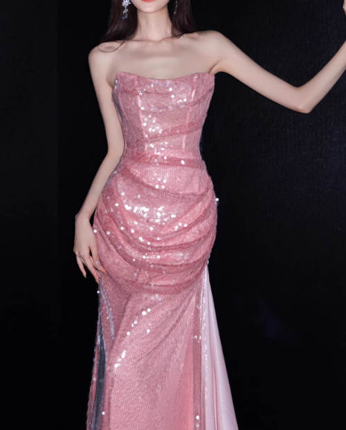 Shiny Prom Dress Strapless Pleated Gala Dress Evening Dress Formal Dress   D4316