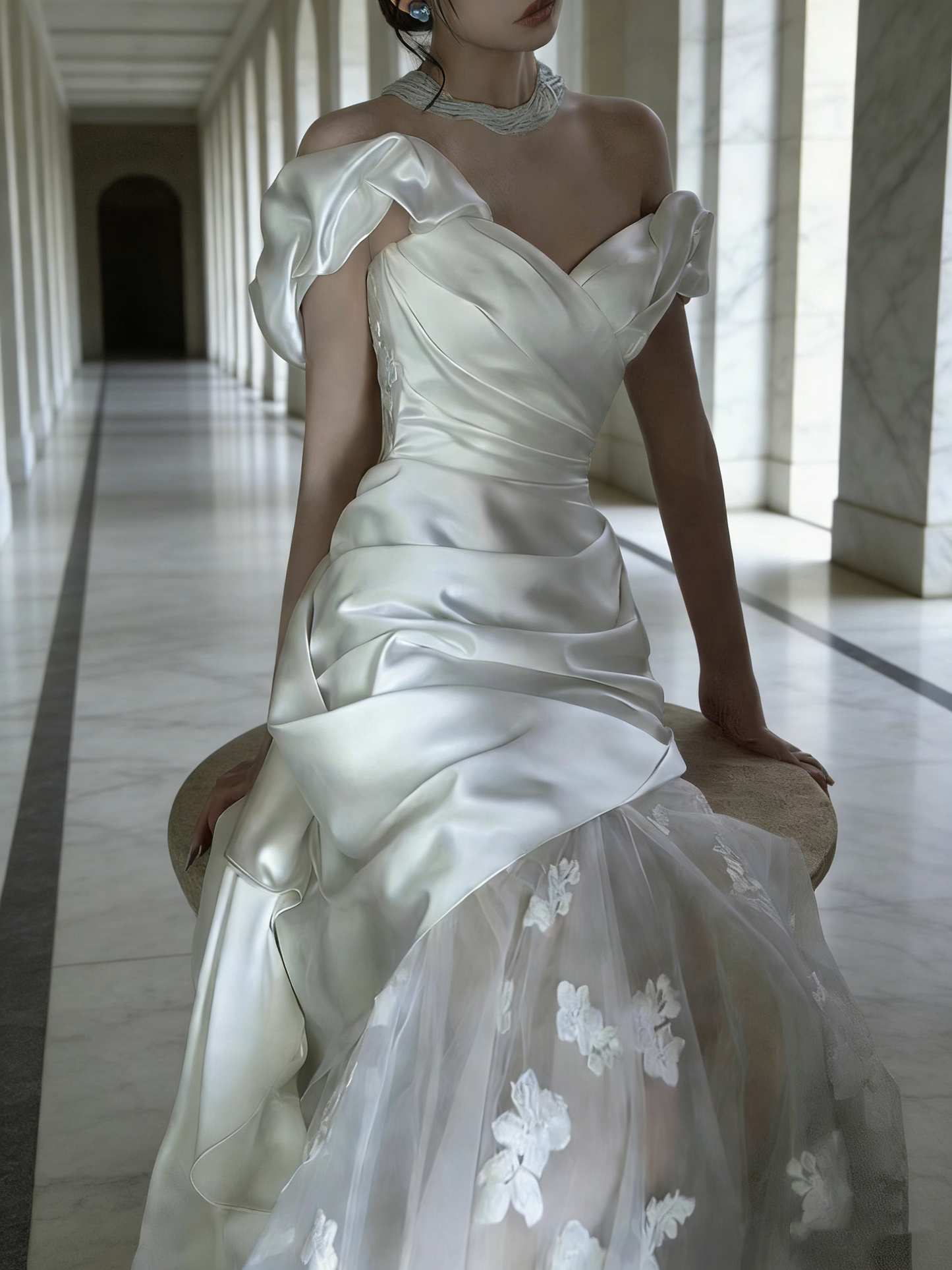 New Arrival Wedding Dress Off Shoulder Pleated Tulle Mermaid Wedding Dress   D4320