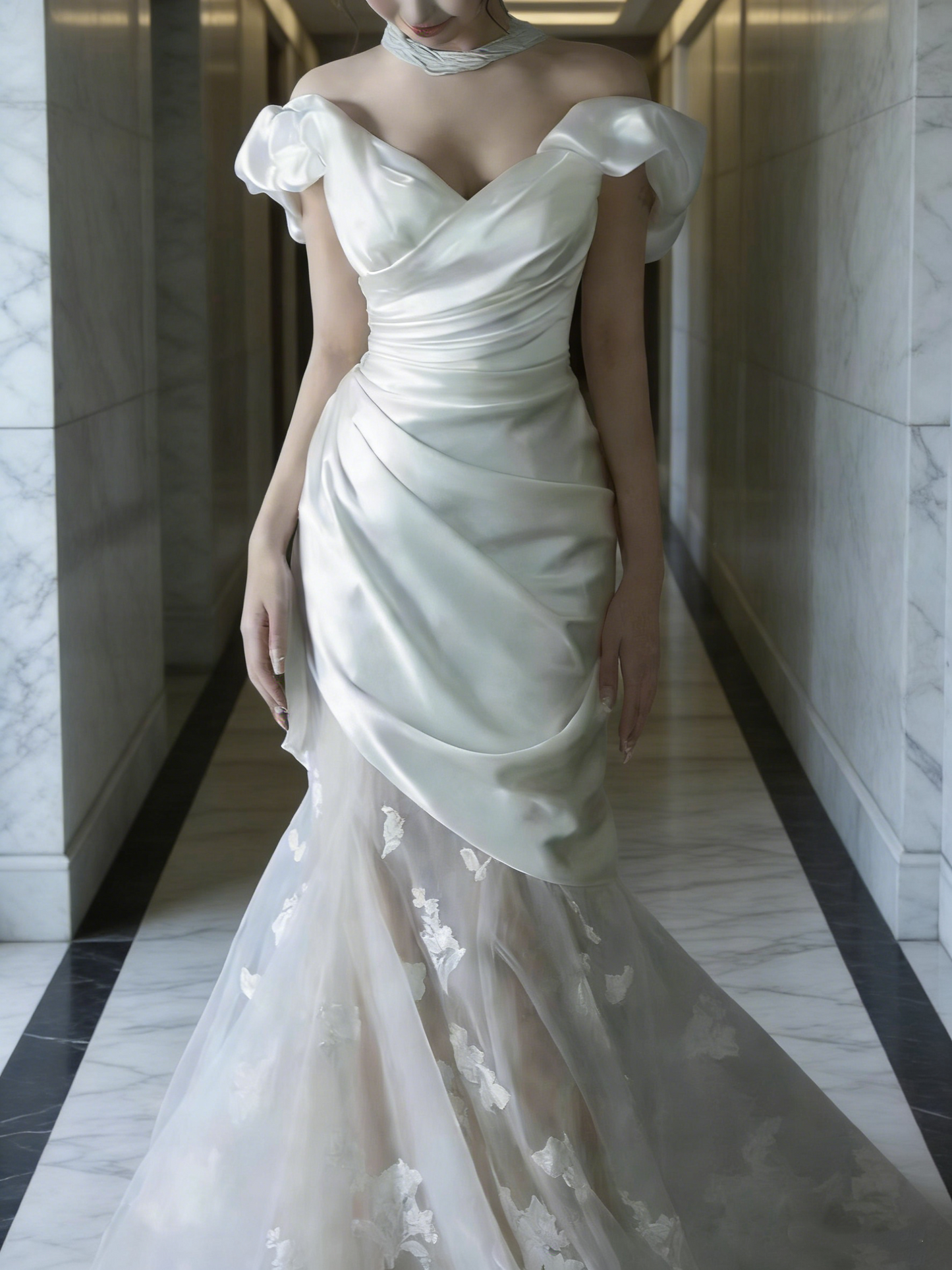 New Arrival Wedding Dress Off Shoulder Pleated Tulle Mermaid Wedding Dress   D4320