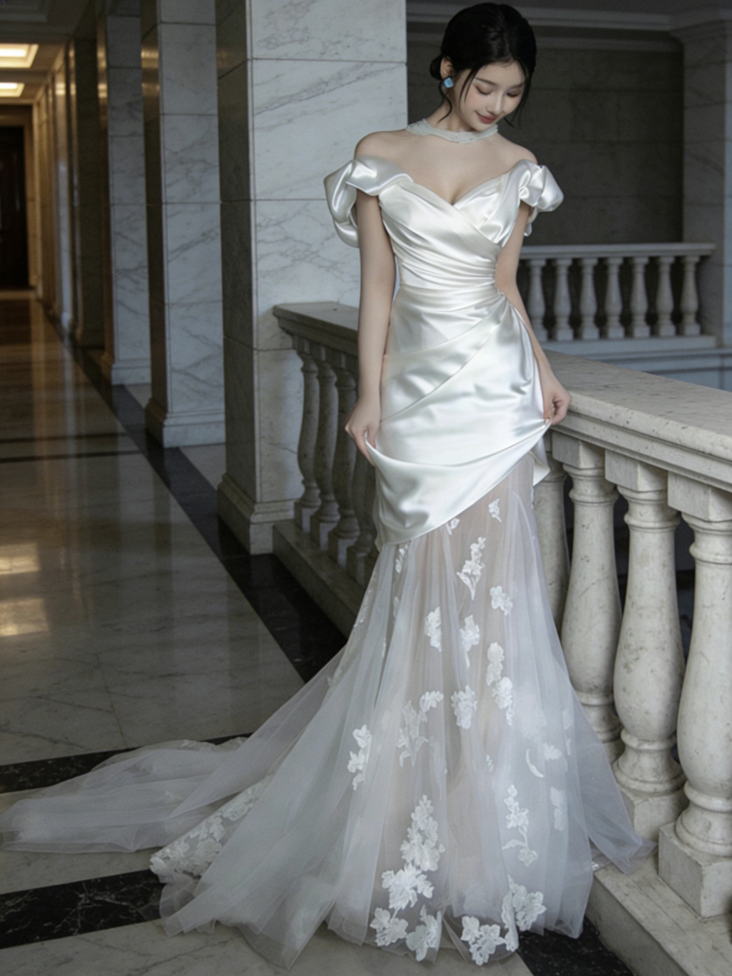 New Arrival Wedding Dress Off Shoulder Pleated Tulle Mermaid Wedding Dress   D4320