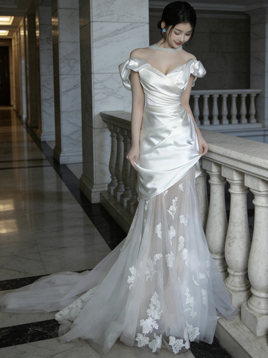 New Arrival Wedding Dress Off Shoulder Pleated Tulle Mermaid Wedding Dress   D4320