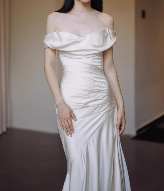 Newest Wedding Dress Satin Off Shoulder Pleated Mermaid Wedding Dresses   D4326