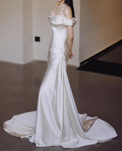 Newest Wedding Dress Satin Off Shoulder Pleated Mermaid Wedding Dresses   D4326