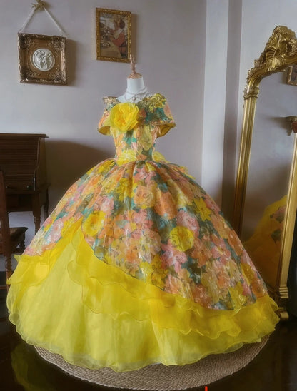 Charming Prom Dress Boat Neck Print Quinceanera Dress Ball Gown Evening Dress       D4343